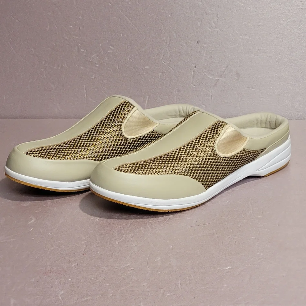 Propet Womens 10 Tan with Gold Mesh Slip Ons - Picture 2 of 7